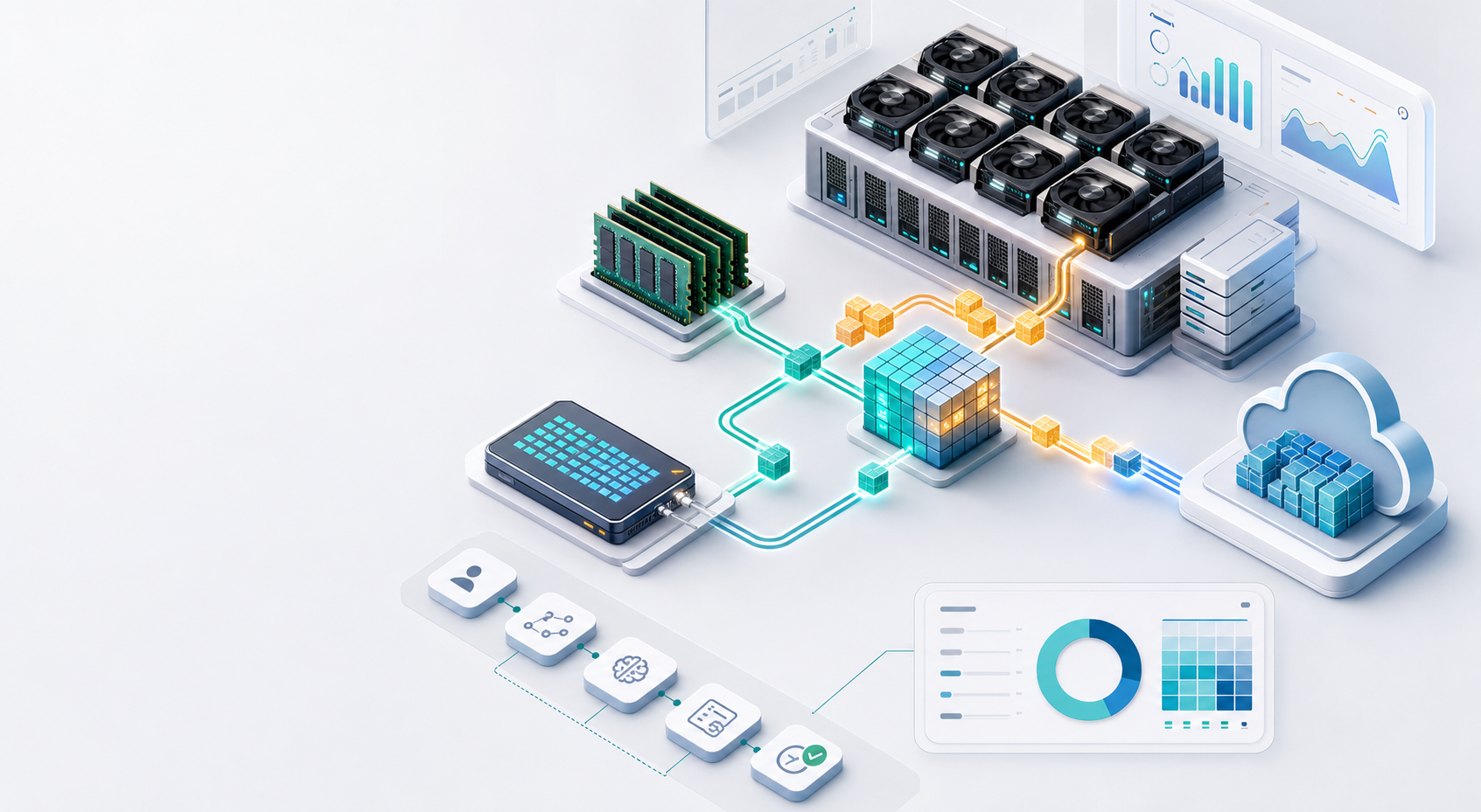 Isometric infrastructure illustration of a KV cache layer moving data between GPU, CPU, SSD, and remote storage.